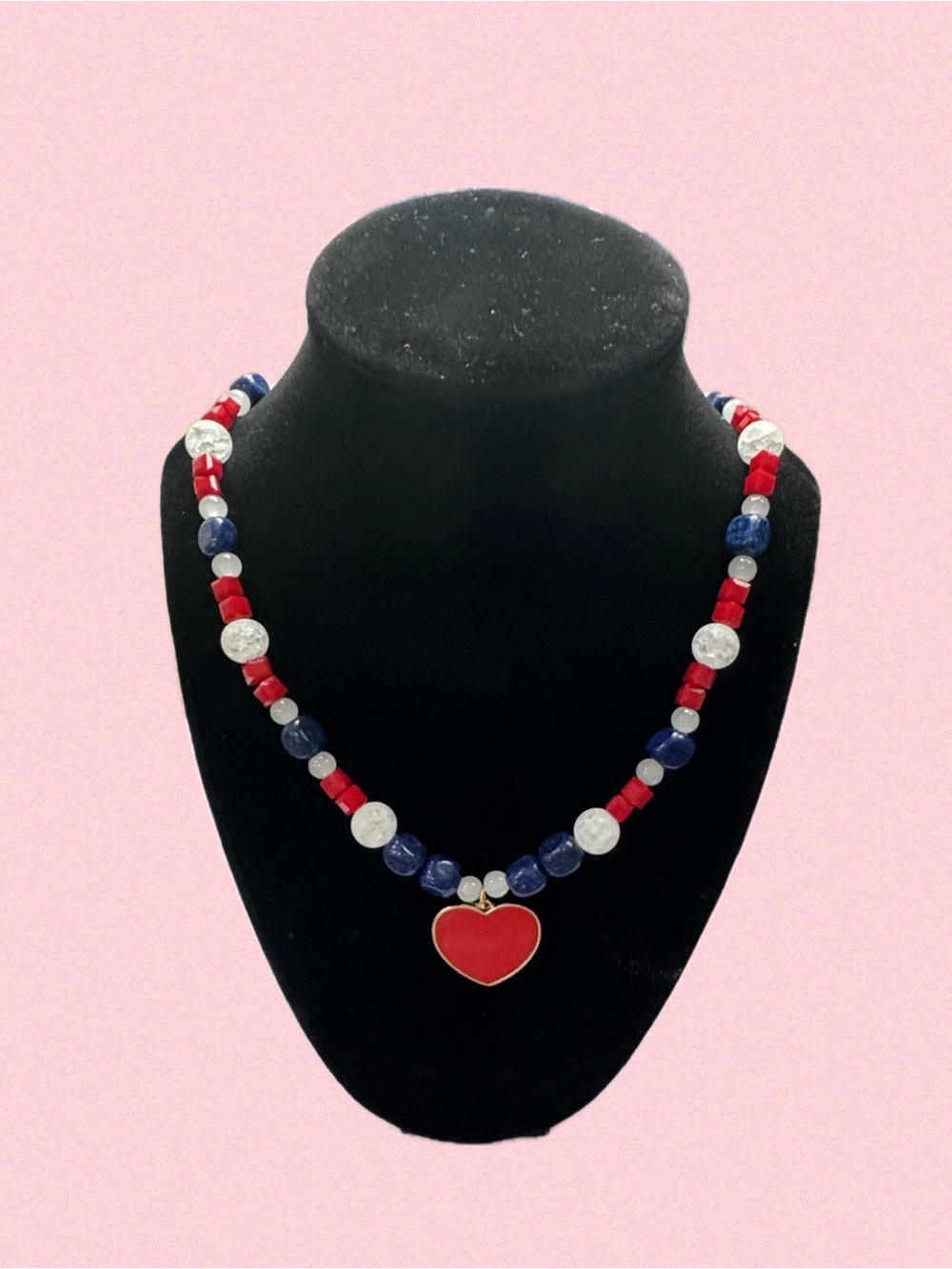 Patriotic Red Heart Pendant Beaded Necklace with Blue and White Accents